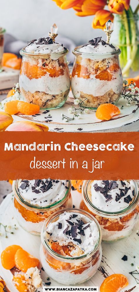 Mandarin Dessert - like Orange Cream Cake in a jar! This simple Mandarin Orange Dessert recipe is not only quick and easy to make, but also incredibly delicious - like tangerine cream cake layered in a jar! The perfect dessert for any occasion and any occasion! Manderine Orange Deserts, Mandarin Dessert, Mandarin Orange Dessert Recipes, Mandarin Orange Dessert, Vegan Cheesecake Easy, Orange Cream Cake, Vegan Food Pyramid, Orange Recipes Dessert, Mandarine Recipes