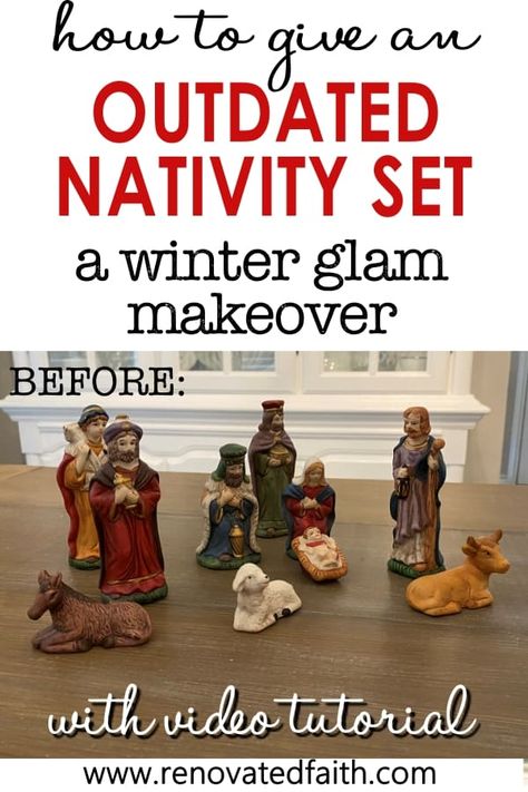 Rustic Glam Christmas Tree, White Nativity Set, Spray Painting Glass, Vintage Nativity Scene, Nativity Scene Display, Best Spray Paint, Winter Glam, Classic Holiday Decor, Winter Wonderland Decorations