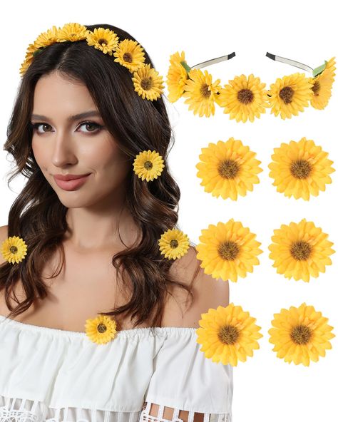 PRICES MAY VARY. 🌻【What You Will Get】You will receive 1 sunflower hippie headband and 6 sunflower hair clips, with classic Daisy shape and bright colors, sweet color design, add color to your life, you can follow match according to your own needs. 🌻【Simulated Sunflower Design】Sunflower flowers are made of cloth, which is soft and have good texture. The hairpins and hairbands are made of high-quality metal with smooth surface, not easy to rust and can be used for a long time. 🌻【Multiple Matchi Daisy Hair Clips, Daisy Crown, Flower Barrettes, Sunflower Accessories, Hippie Headband, Sunflower Hair, Sunflower Headband, Daisy Hair, Hippie Headbands