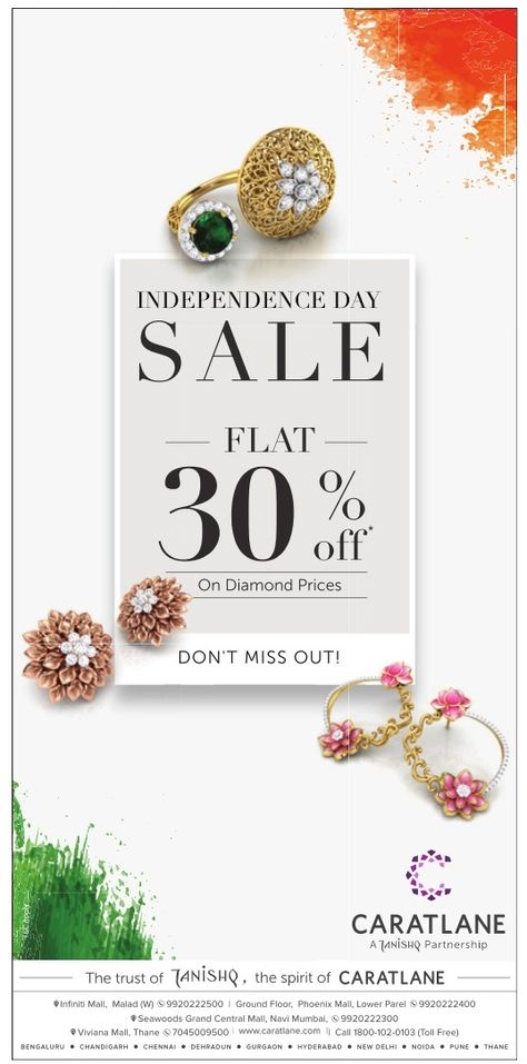 caratlane-independence-sale-sale-flat-30%-off-ad-bombay-times-11-08-2019 Independence Day Sale Creative Ads, Independence Day Jewellery Ads, Sale Creative Ads, Shoe Content, Independence Sale, Independence Day Poster, Independence Day Wishes, Store Ads, Creative Advertising Design