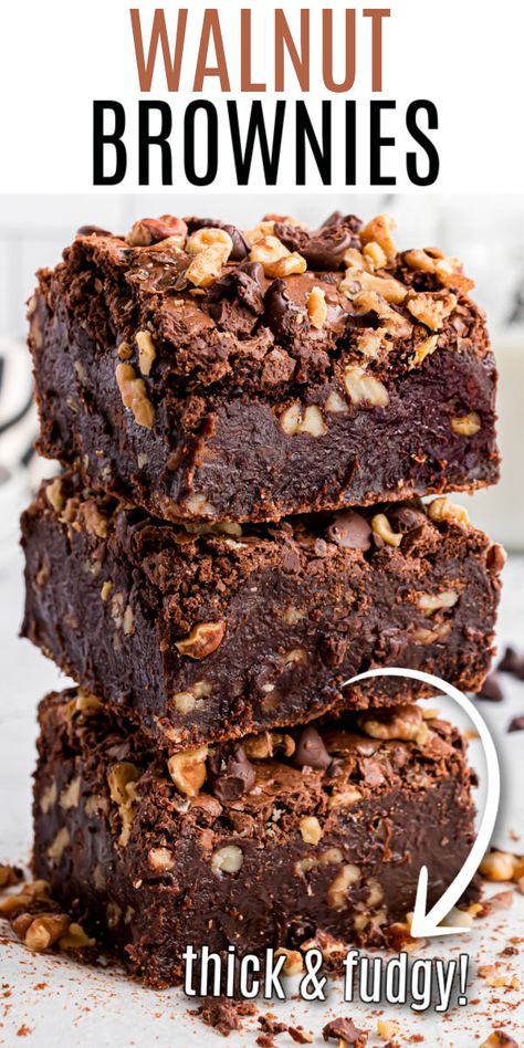 Stack of three thick and fudge walnut brownies. Fudge Nut Brownies, Nut Brownies Recipe, Brownie Recipes Walnut, Best Walnut Brownie Recipe, Rich Fudgy Brownies, Chocolate Brownies With Nuts Recipe, Brownies With Almonds, Fudgy Walnut Brownies, Homemade Walnut Brownies