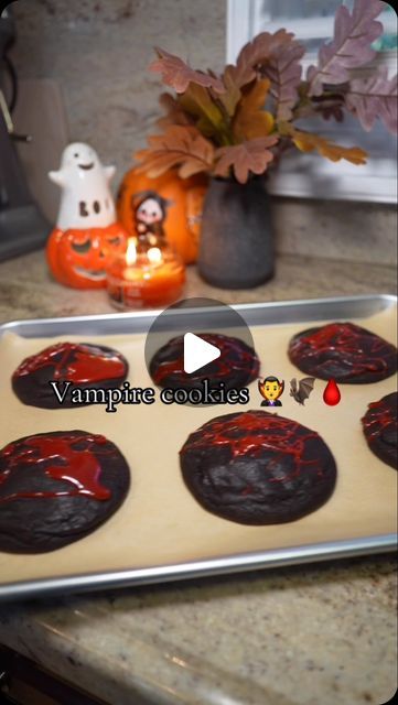 Justin Eseller on Instagram: "Starting spooky season early with “vampire” cookies 🧛‍♂️🦇🩸🍪 Basically just cheesecake filled red velvet cookies  Ingredients cheesecake filling: 8oz block cream cheese  1/3 cup sugar  2 tbsps sour cream 1/2 tsp vanilla  2tsp red food coloring   Ingredients: 1/2cup unsalted butter(melted) 1/2cup brown sugar 1/3 cup granulated sugar  2tbsp unsweetened cocoa powder 1large egg 1tsp vanilla extract 1/2tsp baking soda 1/2tsp salt 1&1/2 cups flour 1tsp white vinegar  1tsp black food coloring  1/4 bar white chocolate melted with red food coloring   Instructions: 1.Prepare cream cheese filling by mixing together softened cream cheese, sugar, sour cream, vanilla and food coloring. Then place tablespoonfuls onto parchment paper and chill in the freezer for an hour or Vampire Cookies, Vampire Cookie, Velvet Cookies, Black Food Coloring, Halloween Foods, Unsweetened Cocoa Powder, Halloween Sugar Cookies, Red Velvet Cookies, Velvet Cream