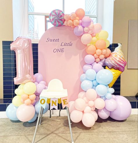 Sweet One First Birthday Balloon Garland, Pastel Birthday Backdrop, Sweet One Balloon Garland, Sweet One Backdrop With Balloons, Sweet One Balloons, Sweet One First Birthday Backdrop, Sweet One Balloon Arch, First Birthday Balloon Decorations, Sweet One Backdrop