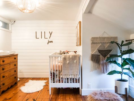 Hardwood Floor Nursery, Wood Floor Nursery, Shiplap Nursery Wall, Nursery Antique, Shiplap Nursery, Ship Lap, White Crib, White Nursery, Baby Girl Nursery