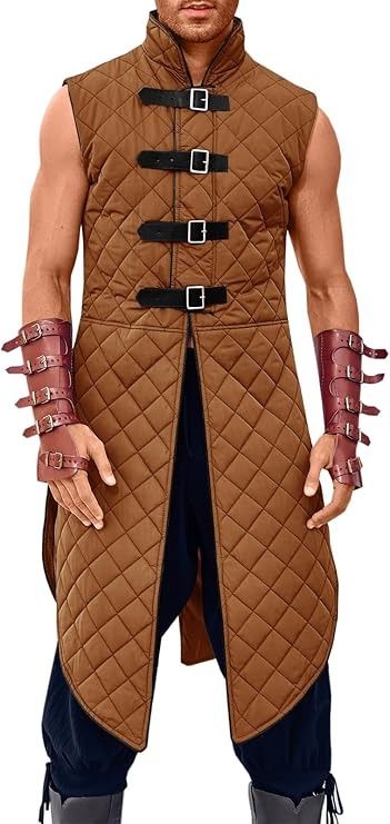 Amazon.com: Runcati Men's Padded Gambeson Vest Sleeveless Aketon Armor Medieval Knight Surcoat Halloween LARP Costume Dress : Clothing, Shoes & Jewelry Armor Medieval, Viking Costume, Medieval Gothic, Leather Belt Buckle, Coat For Men, Sleeveless Coat, Larp Costume, Historical Reenactment, Man Pad