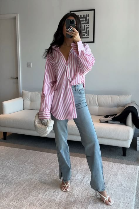 Pink Button Down Outfit Woman, White Pink Striped Shirt Outfit, Pink Stripe Button Down Shirt Outfit, Pink And White Button Up Shirt Outfit, Pink Dress Shirt Women Outfit, Pink Stripes Outfit, Pink Striped Button Up Shirt Outfit, Pink Button Shirt Outfit, Pink Pinstripe Shirt Outfit