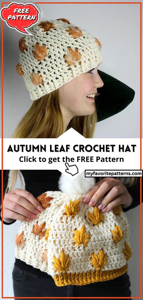 Autumn Leaf Crochet Hat Free Pattern Crochet Fall Hat, Fall Crochet Hats, Crochet Hat Free Pattern, Crochet Pumpkin Hat, Crochet Patterns Free Women, Leaf Crochet, Autumn Hat, Crochet Slouchy Beanie, Fall Hat