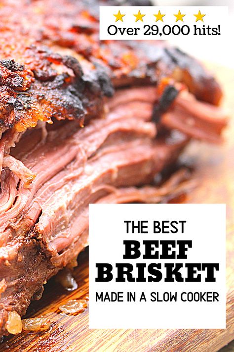 This is by far the BEST Beef Brisket I have ever had!  Juicy and tender on the inside with a delicious outer crust, what is there not to like.  Also, it is Whole30 approved, Keto-Friendly, Gluten-free and Paleo...Now do I have your attention?  And with only 6 ingredients and a basic slow cooker or crockpot, anyone and EVERYONE can make this easy Beef Brisket! #beefbrisketslowcooker #crockpotbeefbrisket #easybeefbrisket #crockpotketo #ketobeefbrisket #whole30slowcooker #paleoslowcooker Hanukkah Brisket Recipes Crockpot, Braised Brisket Recipes, Thanksgiving Brisket, Beef Brisket Crock Pot, Brisket Recipes Crockpot, Beef Brisket Slow Cooker, Slow Cooker Brisket Recipes, Slow Cooker Beef Brisket, Brisket Crock Pot