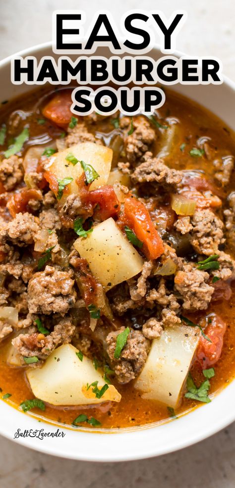 Easy Hamburger Soup Recipes Crockpot, Pioneer Woman Hamburger Soup Recipe, Hamburger Soup Taste Of Home, Homemade Soup With Ground Beef, Winter Soup With Ground Beef, Hamburger Meat Stew Recipes, Hamburger Cauliflower Soup, Ground Beef And Potatoes Soup, Homemade Hamburger Soup Recipes