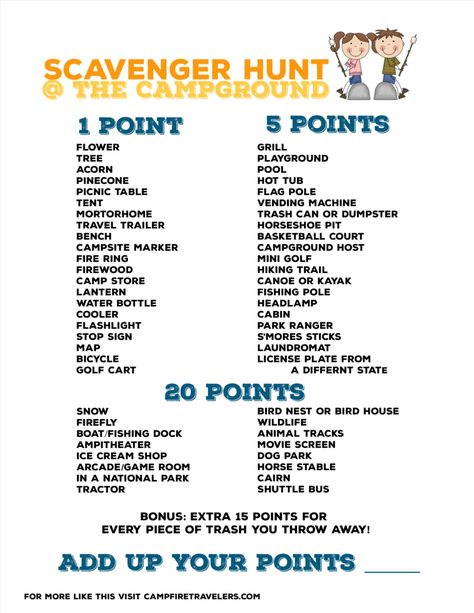 We’ve created two printable scavenger hunts - one for little kids (I like to call it I Spy) and one for bigger kids. These games are perfect to print off and then keep in your RV/Tent for the next time the kids are bored at camp. Scouts Activities, Camping Scavenger Hunts, Camping Activity, Trip Games, Camp Games, Camp Theme, Scavenger Hunt Clues, Cabin Trip, Activity Bags