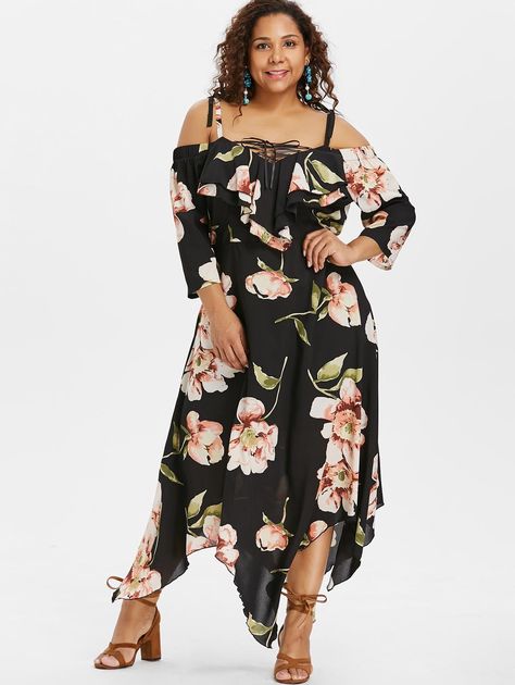 Plus Size Lace Up Maxi Flowing Dress - Dresses For Women Casual, Dresses Casual Boho, Plus Size Dresses For Women, Flowing Dress, Handkerchief Dress, Flower Print Dress, Tie Dye Dress, Dyed Dress, Long Tunic