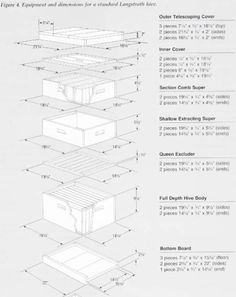 Dimensions of a Langstroth hive Langstroth Hive Plans, Jing Y Jang, Bee Hives Boxes, Langstroth Hive, Bee Hive Plans, Beehive Design, Raising Bees, Beekeeping Equipment, Bee Boxes