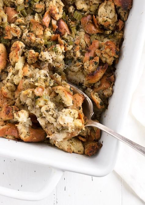 Classic Bread Stuffing - Classic bread stuffing recipe for your turkey, or use the easy oven-baked stuffing option. Classic Bread Stuffing Recipe, Turkey Stuffing Recipes, Bread Stuffing, Homemade Stuffing, Thanksgiving Appetizer Recipes, Turkey Stuffing, Roasted Butternut Squash Soup, Thanksgiving Stuffing, Easy Oven