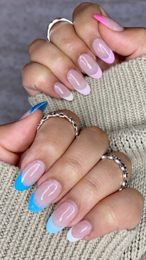 Gradient Blue French Tip Nails, Pink And Blue French Nails, Purple Ombre French Tip Nails, Pink And Blue French Tip Nails, Gradient Nails Blue, Gradient French Tip Nails, Gradient French Nails, Blue Gradient Nails, Acrylics Ideas