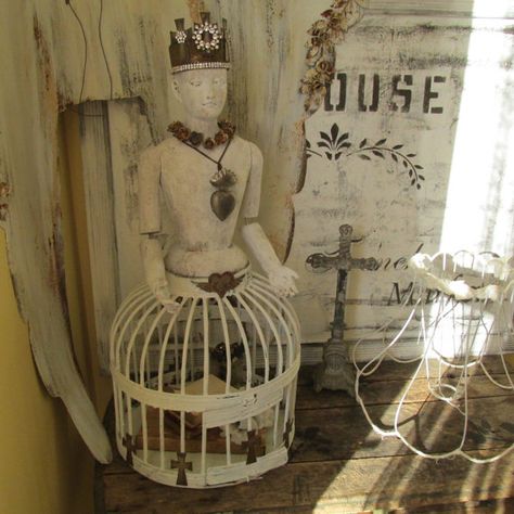 French+white+birdcage+doll+Santos+inspired+by+AnitaSperoDesign Vintage Birdcage, Nordic Vintage, Bust Statue, Vintage Bird Cage, Old Churches, White French, Doll Art, Life Form, Pretty House