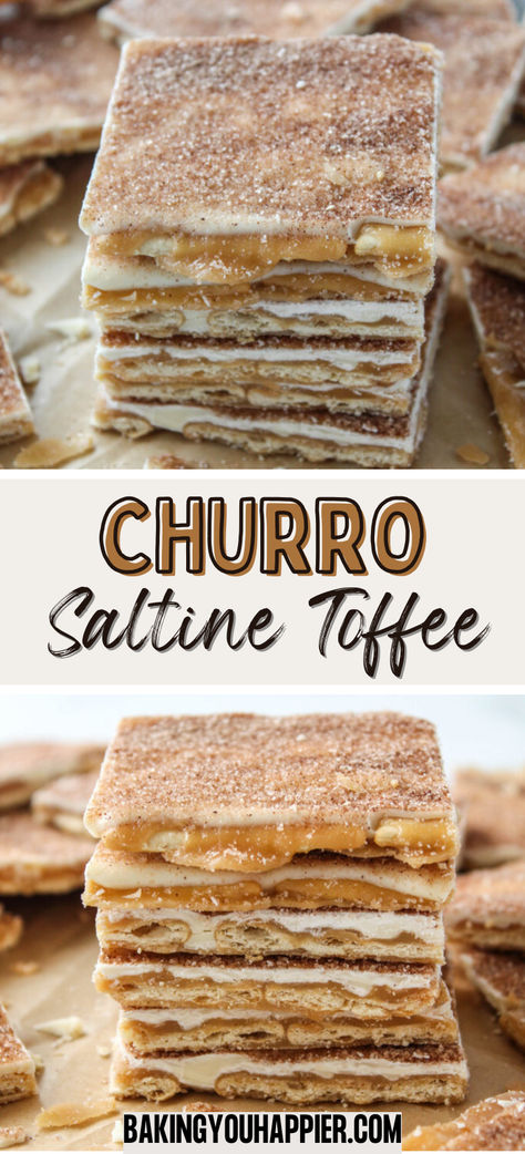 Churro Saltine Toffee, a simple to make insanely delicious sweet and salty candy that some call ‘crack’ because it’s so addictive! Party Snacks Healthy Easy, Churros Saltine Toffee, Churros Snack Recipe, Savory And Sweet Recipes, Toffee Made With Saltine Crackers, Jack In The Box Churros Recipe, Saltine Cracker Recipes Sweets Desserts, Saltine Churros, Mini Churro Bites