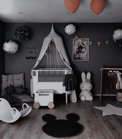 Bedroom Wallpaper Design, Dark Nursery, Bedroom Wallpaper Ideas, Wallpaper Design For Bedroom, Cozy Baby Room, Black Nursery, Baby Room Themes, Baby Boy Room Decor, Nursery Room Design