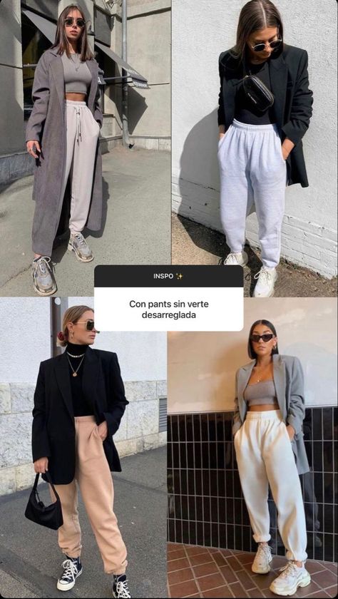 Urban Formal Outfits, Sweatpants Chic Outfits, Charcoal Joggers Outfit Women, Blazer And Joggers Outfit Women, Blazer With Sweatpants, Blazer And Joggers Outfit, Winter Sweats Outfit, Sweatpants Fall Outfit, Outfit Sport Elegante Mujer