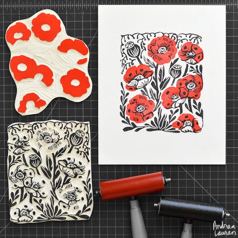 Andrea Lauren : Instagram @inkprintrepeat Printmaking Lessons, Linoleum Block Printing, Linoleum Print, Linocut Printmaking, Lino Art, Andrea Lauren, Hand Carved Stamps, Stamp Carving, Relief Printing