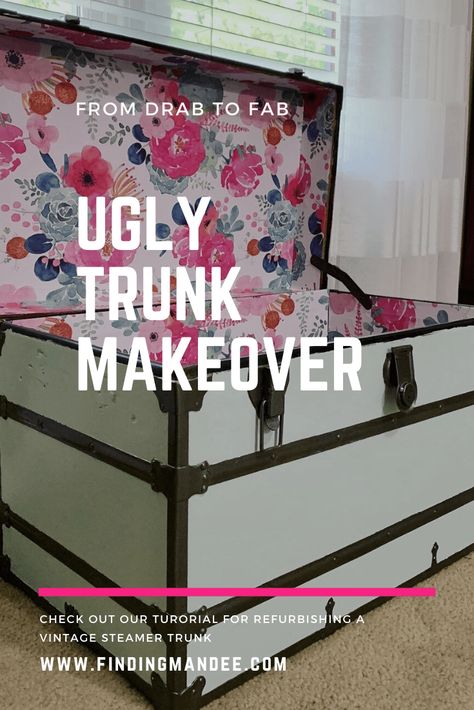 From Drab to Fab: The Vintage Trunk Makeover - Finding Mandee How To Redo Old Trunks, Refurbish Old Trunk, Upcycled Trunk Ideas, Repurposed Trunk Ideas Diy, Lining An Old Trunk, Refinish Old Trunk, Painted Trunks Ideas, Diy Old Trunk Makeover, Refurbished Trunk Ideas