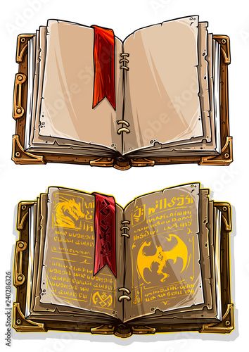 Stock Image: Cartoon colorful old open magic spell books with dragons, strange symbols and bookmark. Isolated on white background. Vector icon set. Fantasy Books Drawing, Magical Book Drawing, Fantasy Book Drawing, Magic Book Drawing, Magic Book Art, Strange Symbols, Open Book Drawing, Book Magic, Epic Fantasy Books