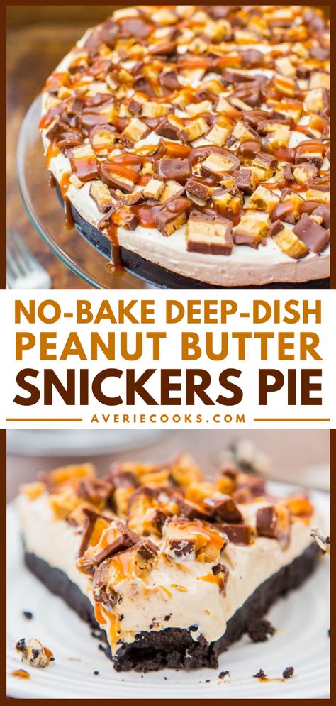 No-Bake Snickers Pie with Caramel Sauce - Averie Cooks Easy Football Snacks, Peanut Butter Snickers, Snickers Dessert, Snickers Pie, Snickers Recipe, Easy Dessert Idea, Baking Recipes Pie, Desserts With Few Ingredients, Averie Cooks