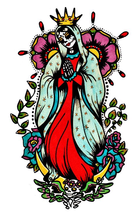 day of the dead art virgin mary tattoo Virgin Mary Skull Tattoo, Tonantzin Tattoo, Virgin Guadalupe Tattoo, The Virgin Mary Tattoo, Mexican Tattoo Art, Day Of The Dead Drawings, Mexican Tattoo Designs, Mexican Culture Tattoo For Women, Dia De Los Muertos Tattoo Ideas