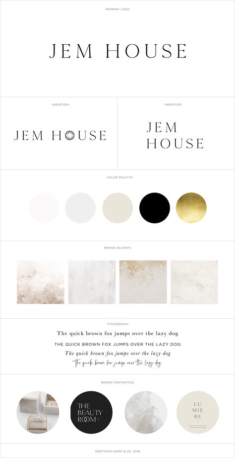 Brand Identity / Branding for Jem House, a private jeweler & diamond dealer designed by Branding Specialist Gretchen Kamp in San Diego, California. Feminine, minimalist, elegant, high end, luxury, gold, white, beautiful, pretty, sweet, bridal, diamond, gem, logo and color palette, typography, accents, watercolor, textures, fonts, cursive, script, modern, clean, wedding rings. To view more work by this designer visit www.gretchenkamp.com Beauty Branding Color Palette, Black White Gold Branding, Luxe Branding Design, Luxury Color Palette Branding Gold, Gold White Color Palette, White And Gold Branding, Luxe Color Palette, Luxury Colour Palette Branding, Gold And White Color Palette