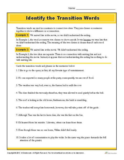 Practice identifying transition words with this helpful activity! www.k12reader.com Good Transition Words, Transition Words Worksheet, Transition Words For Essays, Conjunctions Worksheet, Sentence Fluency, Words Worksheet, 5th Grade Writing, Expository Writing, Transition Words