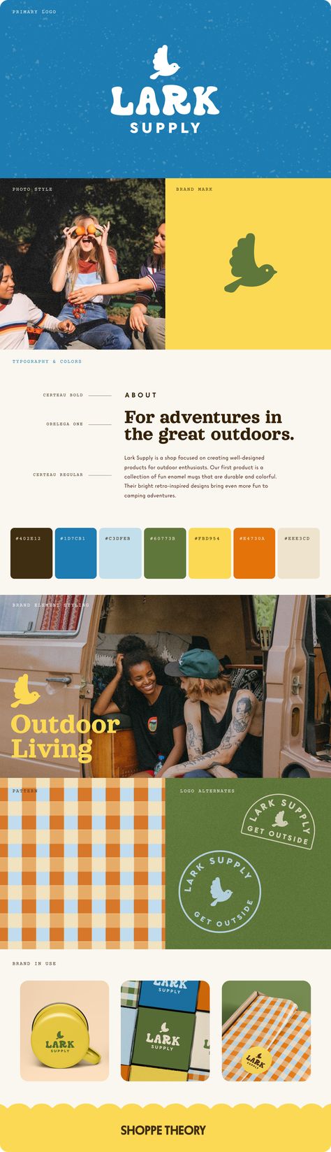 Colorful, whimsical, brand identity for a quirky and retro-inspired outdoor supplies brand. The style guide and overall brand identity captures the joy of camping and exploring the outdoors with friends. Brand Board Design, Identity Design Inspiration, Modern Packaging, Identity Design Logo, Visual Identity Design, Brand Color Palette, Visual Branding, Brand Style Guide, Branding Design Inspiration