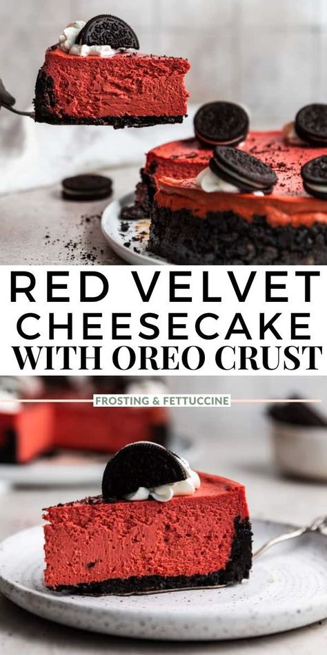 Oreo Cheesecake Crust, Red Velvet Cheesecake Recipe, Cheesecake With Oreo Crust, Smooth Cheesecake, Oreo Crust Cheesecake, Bolo Chiffon, Cheesecake Crust, Velvet Cheesecake, Baked Cheesecake