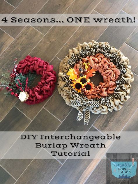 Interchangeable Seasonal Wreath, Wreath With Changeable Seasons, Interchangeable Wreath Seasons, Interchangeable Wreath, Crochet Wreaths, Burlap Wreath Tutorial, Colored Burlap, Burlap Wreath Diy, Crochet Wreath