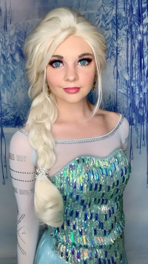 Elsa. Elsa Cosplay. Frozen . Frozen Cosplay. Elsa face character. Party princess. Character performer. Let it go. Angel Secret. Elsa makeup. Elsa braid. Elsa hair. Elsa dress. Olaf. Princess Keilee. Reels. TikTok. Elsa Frozen Wig, Scary Elsa Costume, Elsa Halloween Makeup, Elsa Makeup Look, Elsa Costume Adult, Elsa Frozen Hair, Elsa Costume Women, Frozen Dress Up, Elsa Makeup