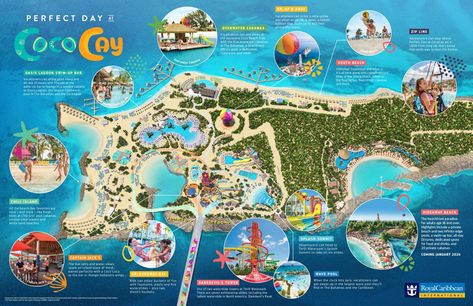 Map of CocoCay Coco Cay Bahamas, Perfect Day At Cococay, Cruise Tips Royal Caribbean, Royal Caribbean Cruise Lines, Royal Caribbean Ships, Royal Caribbean International, Bahamas Island, Swim Up Bar, Beach Retreat