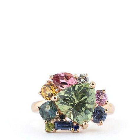 Multi Gemstone Engagement Rings, Multiple Gemstone Engagement Rings, Multiple Stone Ring Designs, Green And Pink Engagement Ring, Colour Engagement Ring, Colourful Engagement Rings, Family Jewelry Ideas, Coloured Engagement Rings, Colorful Engagement Rings