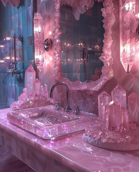 Crystal bathrooms & diamond covered bathroom stuff.✨💗 Because. Why not? You might feel protected while you 💩 Tomorrow I’m releasing a reel with these bathroom beauties, ANIMATED, and it’s MY FIRST REEL.✨💗 ⚠️These are not real, btw, just having fun and enjoying new visions as they come in. I was also inspired by a crystal mirror set I saw by @euphoriaai.art last week & promised to give credit. Thank you for providing inspo.💕 What does your fantasy bathroom look like? Xo, Heather . . . ✨I... Crystals For Bathroom, Cute Bathroom Mirror, Fairycore Bathroom, Mirror With Crystals, Bedroom And Bathroom Ideas, Mirror Decoration Ideas, Fantasy Bathroom, Colorful House Decor, Diamond Bedroom