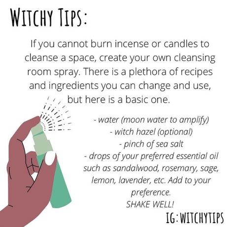 Credit to witchytips on Insta. Room Cleansing Spray Witchcraft, Witchy Room Spray, Cleansing Spray Witchcraft, Magickal Tips, Divination Witch, Witchy Room, Witch Tips, Witchy Tips, Broom Closet