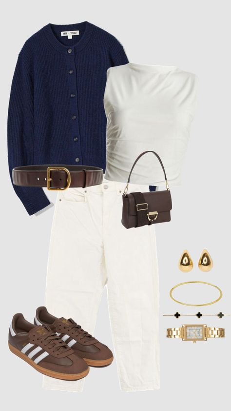 #outfit #navyblue #white #brown #uniqlo #adidas #casio #jewelry #gold Brown Adidas Outfit, Brown Adidas, Adidas Outfit, Jewelry Gold, Uniqlo, Navy Blue, Adidas, Gold, White