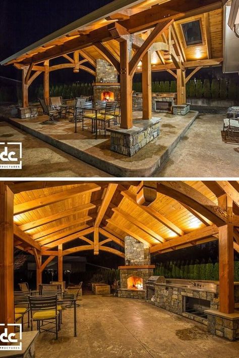 Timber Backyard Pavilion ideas Outside Pavilion Ideas, Backyard Pavilion Ideas, Outdoor Pavillion, Pavilion Ideas, Design Per Patio, Outdoor Covered Patio, Outdoor Fireplace Designs, Outdoor Pavilion, Backyard Fireplace