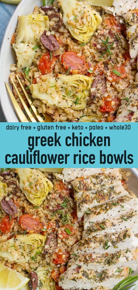 Greek Cauliflower Rice Bowl, Cauliflower Rice Meals Healthy, Keto Rice Bowl, Paleo Dinner For Two, Riced Cauliflower Bowls Healthy, Paleo Recipes With Shredded Chicken, Whole 30 Cauliflower Rice, Paleo Cauliflower Rice Recipes, Paleo Greek Recipes