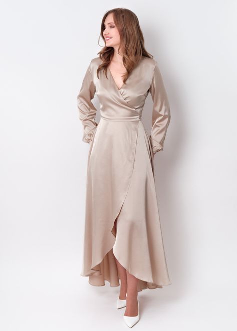 Champagne beige silk satin long wrap dress, silk dress, wrap dress, bridesmaid dress, wedding guest dress, long sleeve silk dress, women dress, maxi dress, evening dress, long dress Silk Dress Outfit Classy, Wedding Guest Dress Long Sleeve, Champagne Dresses Long, Champagne Silk Dress, Wedding Guest Dress Long, Beige Long Dresses, Wedding Dress Bolero, Silk Dresses Outfit, Champagne Color Dress