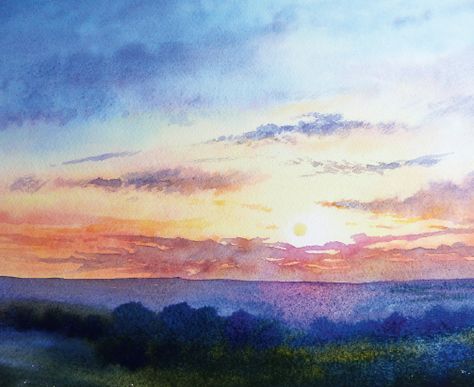 How to paint a sunrise and sunset Watercolor Skies, Watercolour Lessons, Sunrises And Sunsets, Watercolor Art Diy, Watercolor Art Landscape, Watercolor Clouds, Watercolor Art Journal, Sunrise And Sunset, Watercolor Architecture