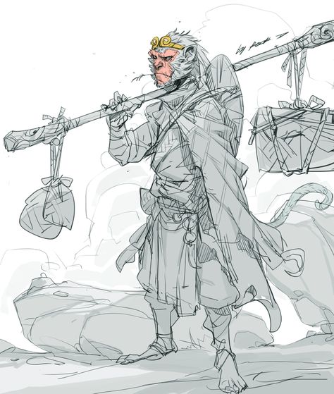 ArtStation - Wu Kong., Rock D Kong Drawing, Wu Kong, Chinese Mythology, Journey To The West, Monkey King, Figure Drawing, Character Concept, Drawing Inspiration, Drawing Reference