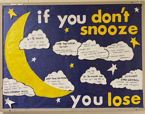 Sleep health RA bulletin board! Healthy Living Bulletin Board Ideas, Sleep Bulletin Board Ideas, Health Classroom Decor Bulletin Boards, Wellness Ra Bulletin Boards, Self Care Ra Bulletin Board, Get To Know Me Bulletin Board Ra, School Health Office Bulletin Boards, Finals Week Bulletin Board, Sleep Bulletin Board