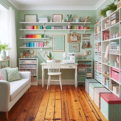 Green Sewing Room, Pastel Sewing Room, Craft Room And Office Combo, Blue Craft Room, Craft Room Ideas Small Spaces, Simple Craft Room, Cozy Craft Room, Room White Furniture, Arts And Crafts Room