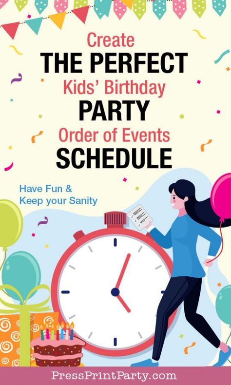 PERFECT KIDS BIRTHDAY PARTY SCHEDULE - Create the perfect timeline for the day of your event. Write down the best order of events for your kid's birthday party. Have fun and keep your sanity. Part of my party planning posts, comes with a checklist and a free printable template. Lots of ideas and tips that work for any theme. Great guide on how to plan your party the day of. Go check out Press Print Party for lots more party tips and the ULTIMATE BIRTHDAY PARTY PLANNER & workbook. 1st Birthday Timeline, Pool Party Planning Checklist, Toddler Birthday Party Checklist, Birthday Party Schedule, Kids Birthday Party Checklist, Three Birthday Cake, Birthday Timeline, Birthday Party Planner Printable, Kids Birthday Party Planner