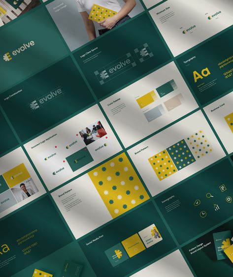 Evolve Brand Visual Identity on Behance Brand Identity Pattern, Brand Visual Identity, Brand Guidelines Design, Brand Identity Guidelines, Logo Video, Social Media Image, Visual Identity System, Brand Manual, Page Layout Design