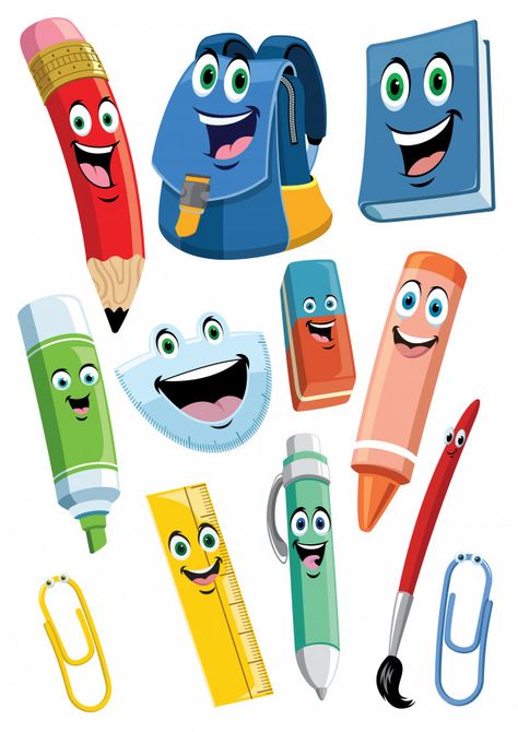 School supplies cartoon characters set Premium Vector School Supplies In Spanish, School Border, School Cake, School Cartoon, School Materials, Pola Kartu, School Clipart, School Posters, Kids Clipart