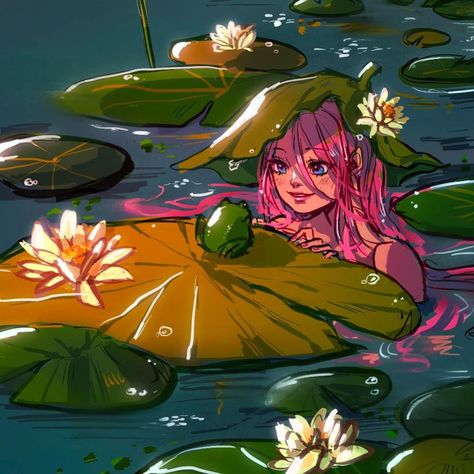 Flower Nymph Character Design, Fey Court, Lily Pad Art, Lily Pad Drawing, Sketch Mermaid, Frog Friends, Creature Inspiration, Drawing Anatomy, Books Illustration