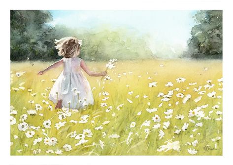 Girl in a Field of Daisies Watercolour Art Print Flower - Etsy Watercolour Field, Field Of Daisies, Watercolour Ideas, Summer Field, Field Art, Nursery Artwork, Daisy Field, Wall Art Farmhouse, Country Landscape